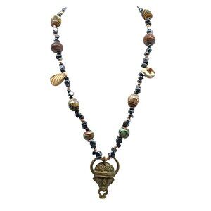 African-Inspired Brass Tribal Mask Pendant Necklace with Ceramic & Stone Beads